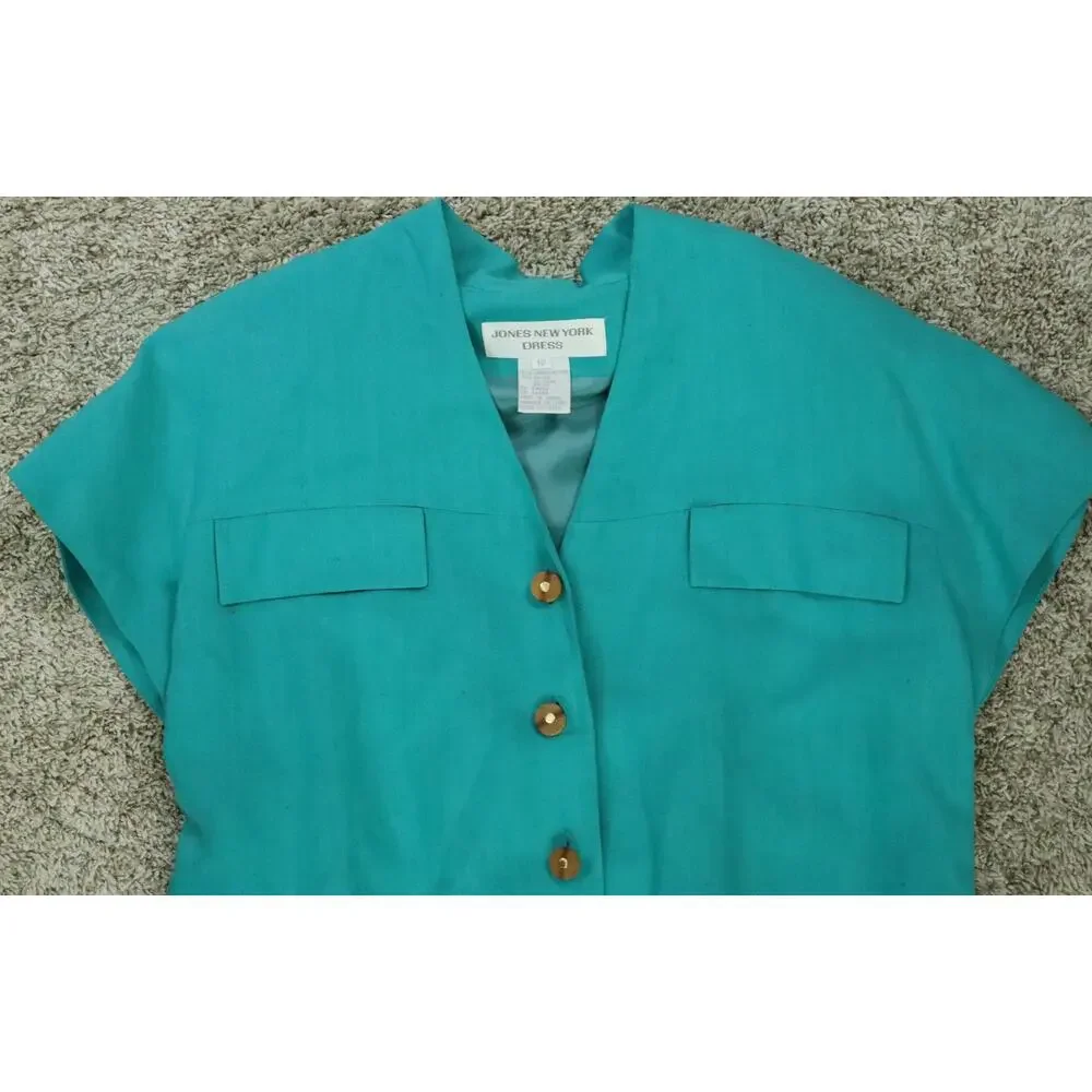 Vintage 90s Jones New York Dress LINEN Seafoam Green Mint Shift Wood Buttons 12 - Picture 2 of 7